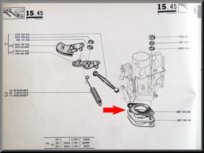 Plaque isolante d'embase de carburateur (sans joint) – Renault 16 (1150) – OEM 0857599200