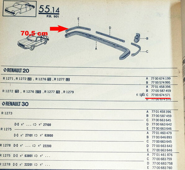 Bumper strip rear left and right 70.5 cm – Renault 20 - Renault 30 – OEM 7700674571 – NOS
