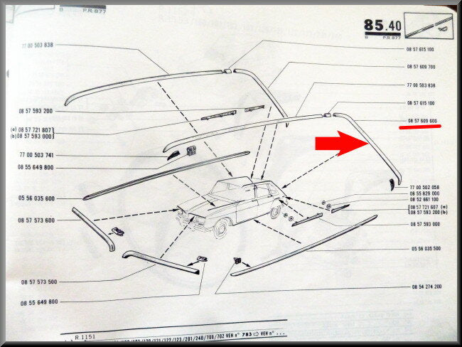 Baguette de finition de toit arrière gauche – Renault 16 type 1 – OEM 0857609600