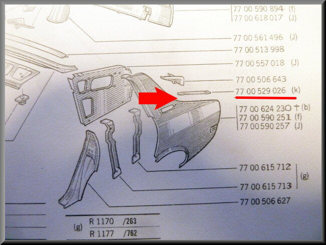 Renfort de gouttière arrière gauche – Renault 12 – OEM 7700529026 – NOS