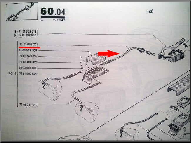 Câble réglage projecteur droit – Renault 16 – OEM 7701008221