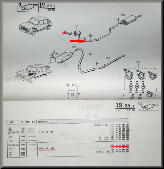 Tuyau d'échappement avec silencieux et demi-tuyau – Renault 6 – OEM 7700588500 / 7700581748 (demi-longueur) – NOS
