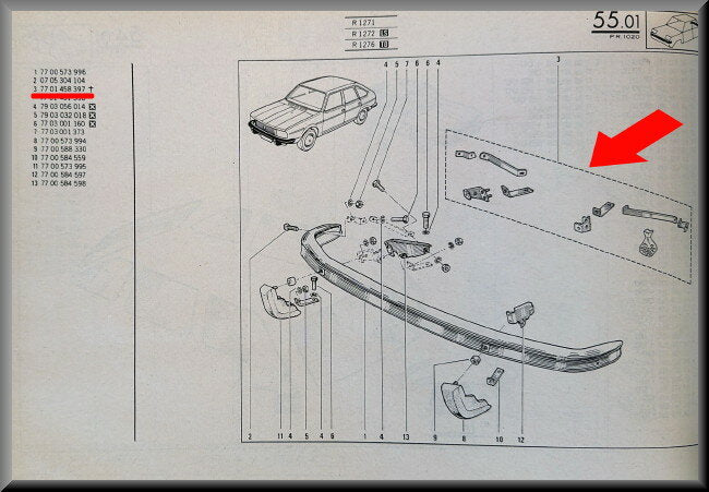 Kit de fixation pare-chocs avant – Renault 20 - Renault 30 (R1278) – OEM 7701461873 / 7701458397 – NOS