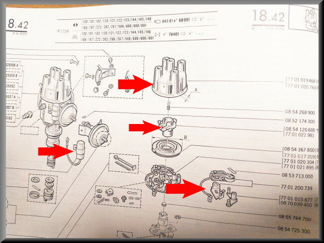 Verdeelkap, Rotor, Contactpunten, Condensator (Ducellier ontsteking) – Renault 16 – OEM 7701020784 / 7701021981 / 0854137800 / 0853712500