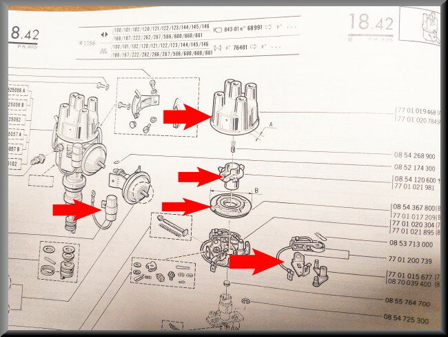 Verdeelkap, Rotor, Contactpunten, Condensator, Afdekplaatje (Ducellier ontsteking) – Renault 16 – OEM 7701020784 / 7701021981 / 7701020304 / 0854137800