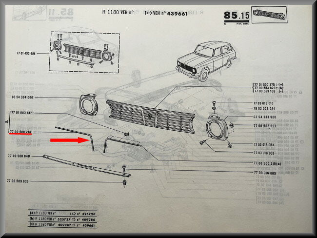 Baguette de calandre droite – Renault 6 – OEM 7700500218 – NOS