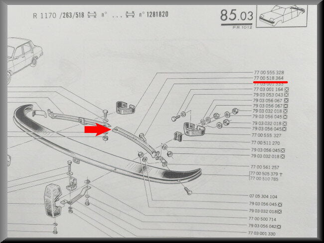 Bumpersteun voorzijde links – Renault 12 – OEM 7700518364 – NOS