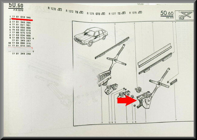 Ruithef mechaniek voorzijde links – Renault 20 - Renault 30 – OEM 7701018346 – NOS