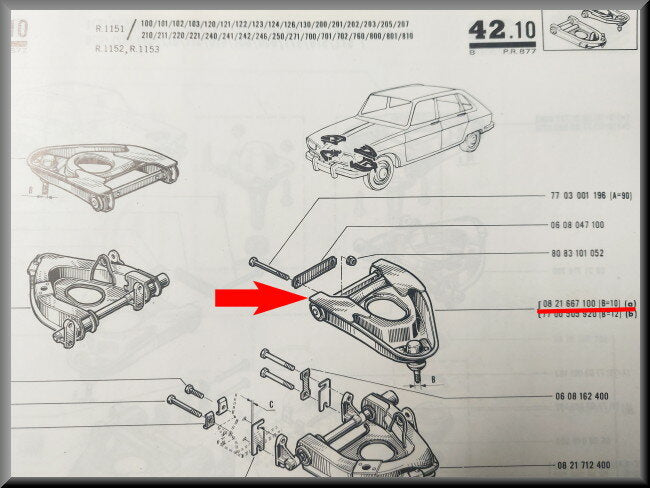 Bovenste draagarm links met fuseekogel eerste type – Renault 16 – OEM 0821667100 – NOS