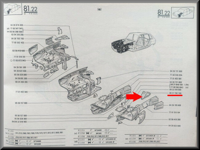 Tôle de renfort passage de roue avant gauche – Renault 16 – OEM 0821790700