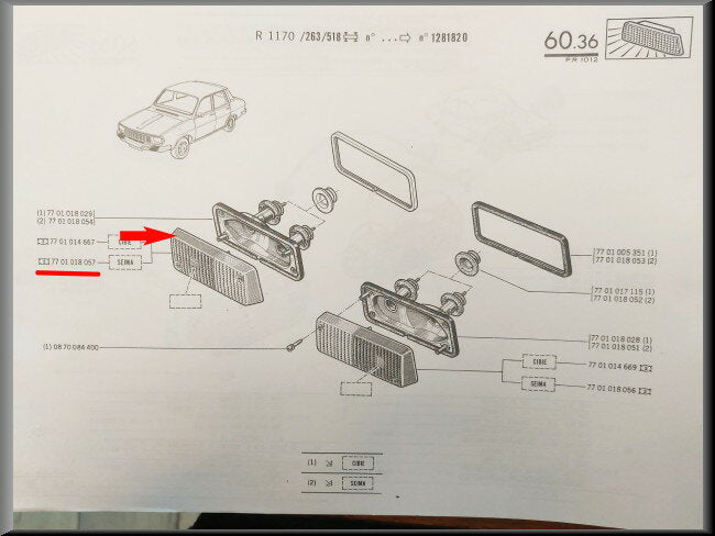 Réflecteur de feu de position droit (Seima) – Renault 12 Gordini - Alpine A310 – OEM 7701018057 – NOS
