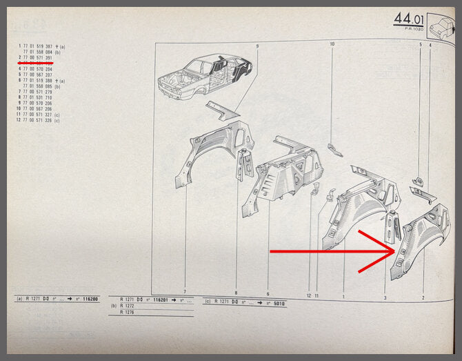 Deel van binnenscherm achterzijde links – Renault 20 – Renault 30 - OEM 7700571391A – NOS