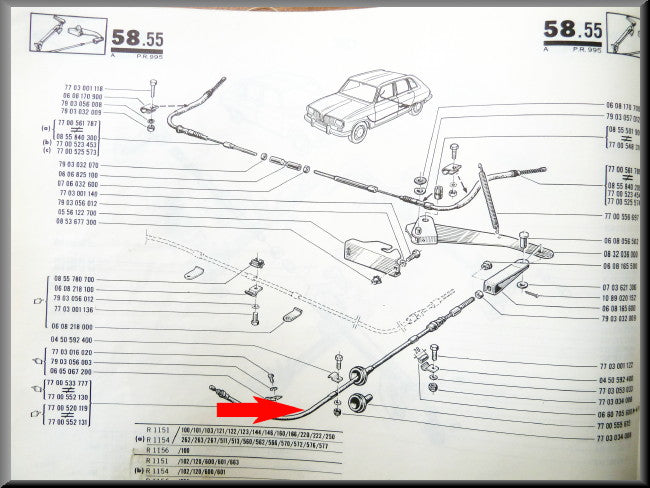 Parking brake cable for handbrake to the right of the steering wheel. All types Renault 16 except R1150 - OEM 7700533777