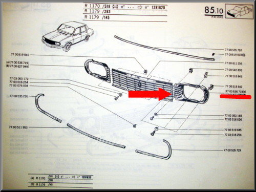 Grill linkerdeel zonder chroomrand – Renault 12 – OEM 7700536718