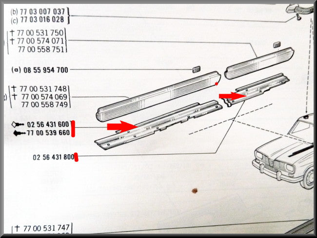 Baguettes de seuil intérieures – Renault 16 – OEM 0256431500 / 0256431700 / 0256431600 / 0256431800 – Occasion