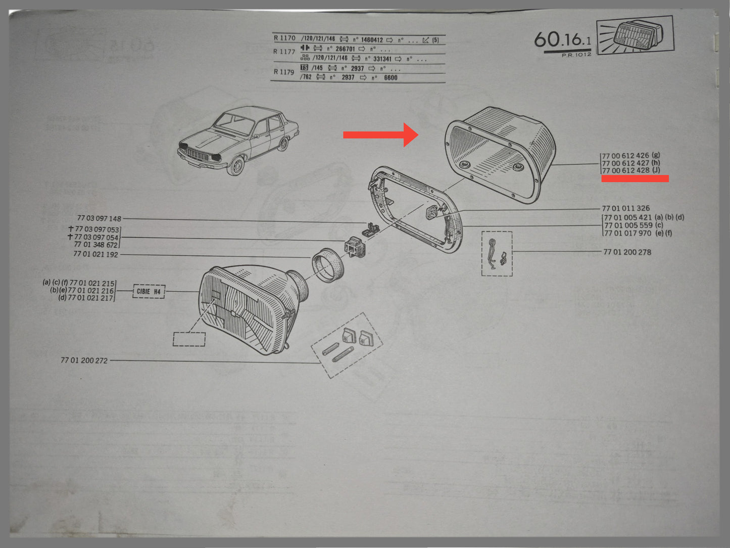 Koplamphuis rechts - Renault 12 - OEM 7700612428