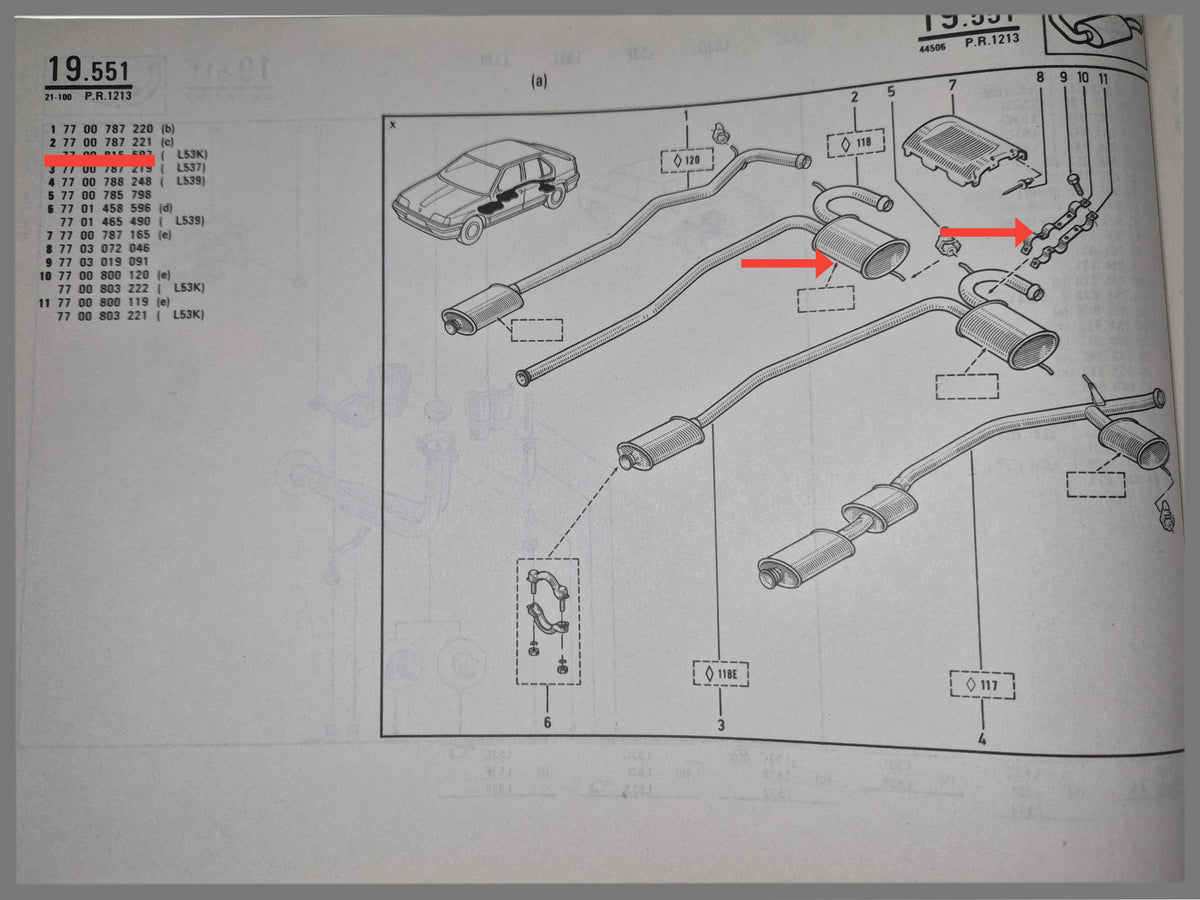 Auspuffrohr und Schalldämpfer mit Halterungen – Renault 19 – OEM 7700787221 und 7700800119 und 7700800120
