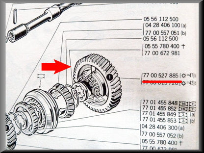 Tandwiel 1e versnelling met synchronisatienaaf (47 tanden – Renault 12 – Renault 8 - Renault 16 - OEM 7700527885A