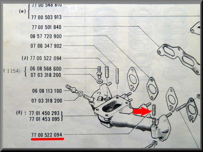 Conduit d'eau - collecteur d'admission – Renault 16 TX, TL, TS – OEM 7700523094