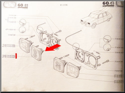 Phare droit intérieur (blanc) – Renault 16 TX < 1976 – OEM 7701017010