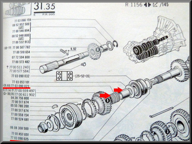 Roulement à aiguilles et bague de guidage (boîte 385) 29-32-29,8 mm – Renault 16 – OEM 7703090023 / 7703090025