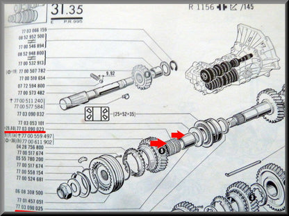 Roulement à aiguilles et bague de guidage (boîte 385) 29-32-29,8 mm – Renault 16 – OEM 7703090023 / 7703090025
