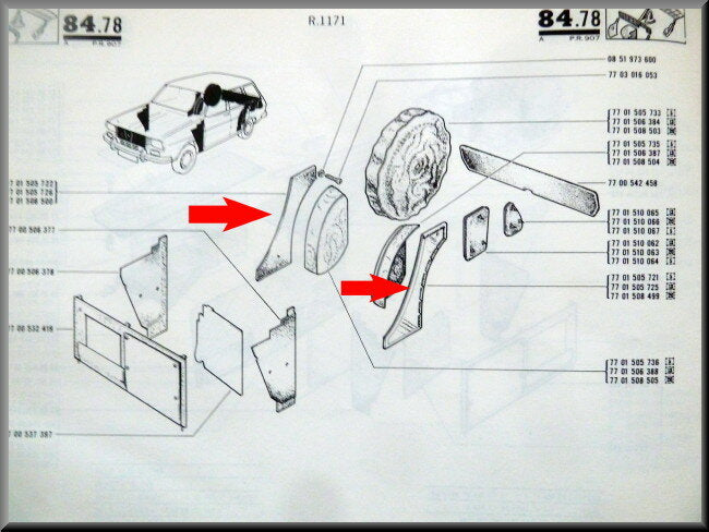 Zijwand bekleding bagageruimte links en rechts – links rechts – Renault 12 Break – OEM 7701505722 / 7701505721