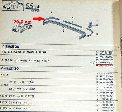 Bumper strip rear left and right 70.5 cm – Renault 20 - Renault 30 – OEM 7700674571 – NOS