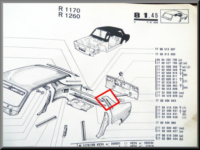 Partie supérieure aile arrière gauche – Renault 12 – OEM 7700554831 – NOS