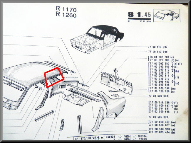 Bovendeel achterscherm rechts  – Renault 12 – OEM 7700554833 – NOS