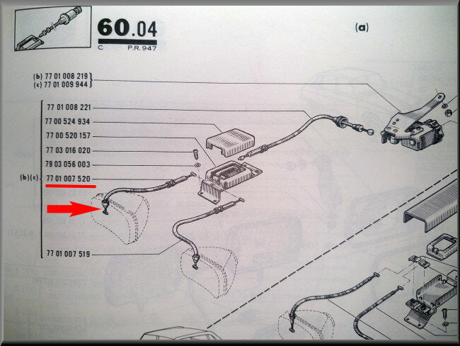 Kabel koplampverstelling rechts buiten – Renault 16 – OEM 7701007520