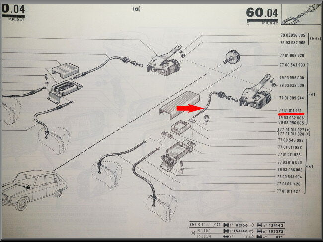 Câble réglage projecteur gauche – Renault 16 – OEM 7701011431