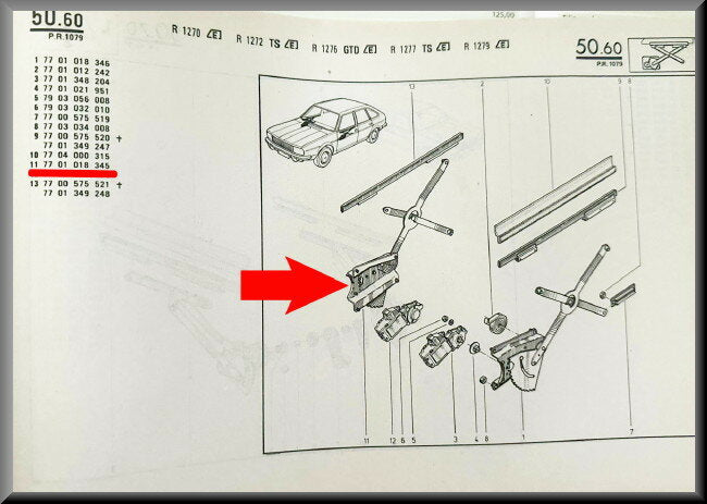 Mécanisme de lève-vitre avant droit avec moteur – Renault 20 – Renault 30 – OEM 7701018345 / 7701348174 – NOS