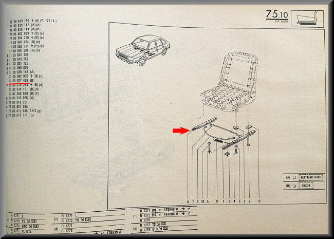 Glissière siège avant droit – Renault 20 - Renault 30 - Renault 14 – OEM 7700627439 – NOS