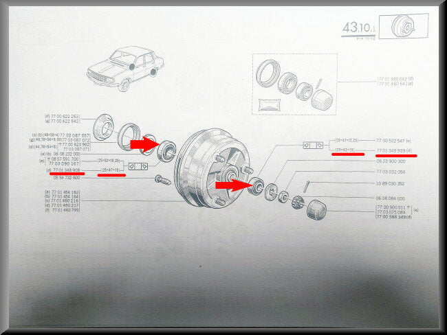 Kit roulements de roue arrière (25x47x15 mm & 20x42x15 mm) – Renault 12 – Renault 16 - Renault 17 - OEM 7701460642
