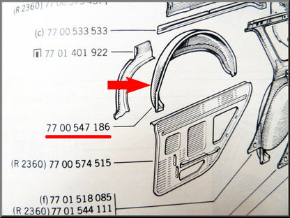 Doublure d'aile arrière droite – Renault 12 – OEM 7700547186 – NOS