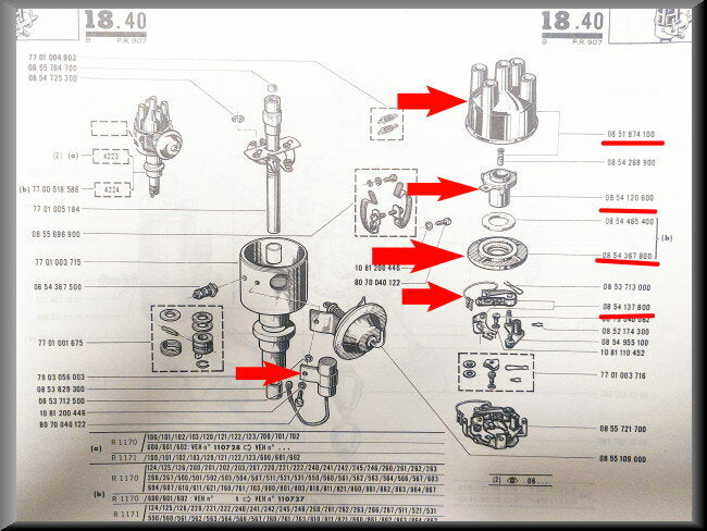 Tête de distributeur, rotor, vis platinées, condensateur, plaque de recouvrement, allumage Ducellier.