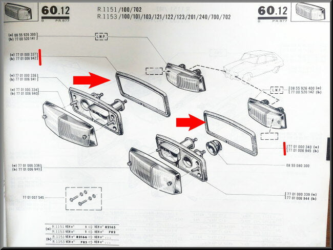 Rubbers voor knipperlicht unit voorzijde – Renault 16 TL, TS, L – OEM 77010058570 / 7701006945 / 7701005871 / 7701006942