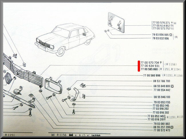 Calandre centrale – Renault 16 TL + TS >1976 – OEM 7700585860 – Occasion