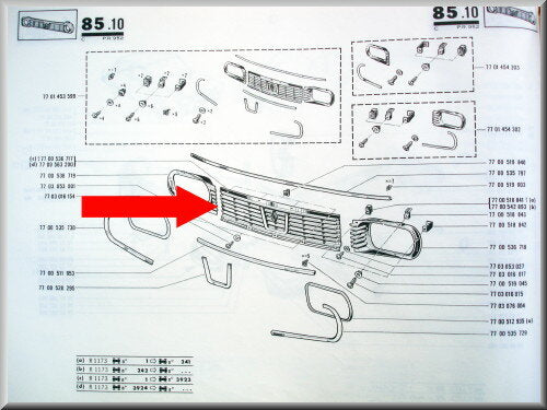Calandre centrale avec logo et emblème V – Renault 12 – OEM 7700563200 – NOS