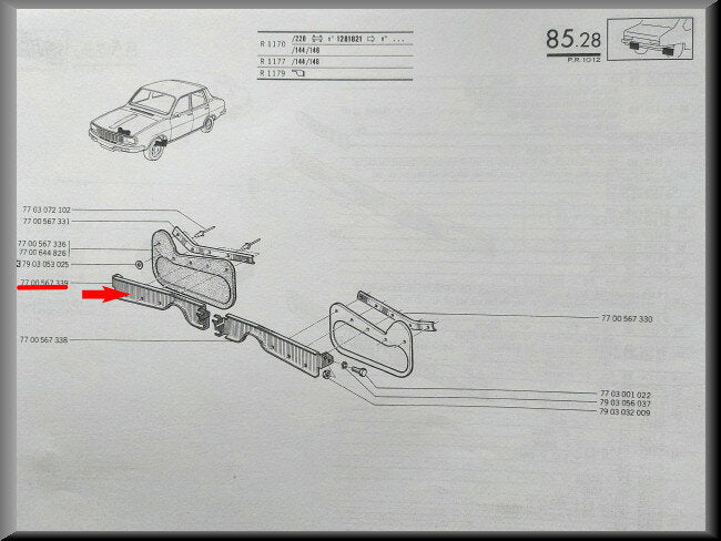 Bevestigingssteun spatlap voorzijde rechts  – Renault 12 – OEM 7700567339 (New Old Stock) – NOS