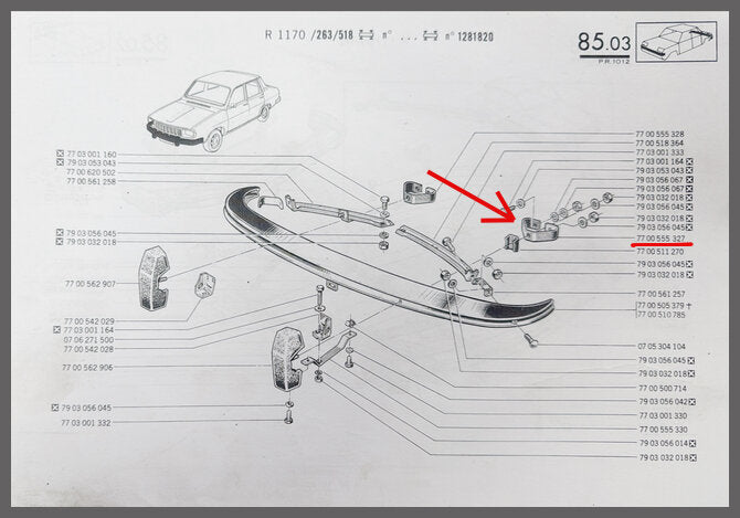 Bumpersteun voorzijde links  – Renault 12 – OEM 7700555327 – NOS