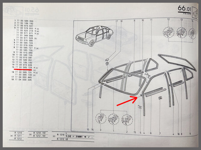 Ruitrubber onderzijde – Renault 14 – OEM 7700585729 – NOS