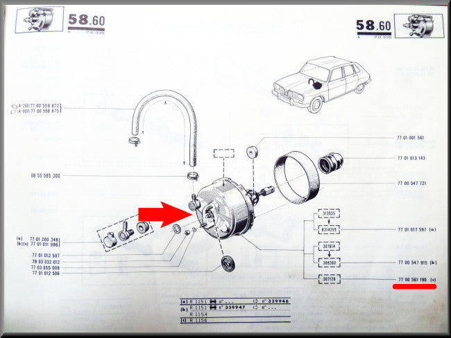 Assistance de freinage – Renault 16 TX – OEM 7700561190 / 7700551415