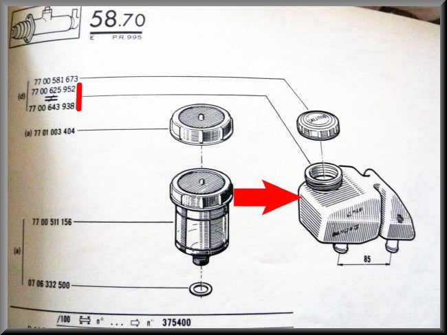 Réservoir de liquide de frein sans bouchon (85 mm) – Renault 16 TX, TL – Renault 12 - OEM 7700625952