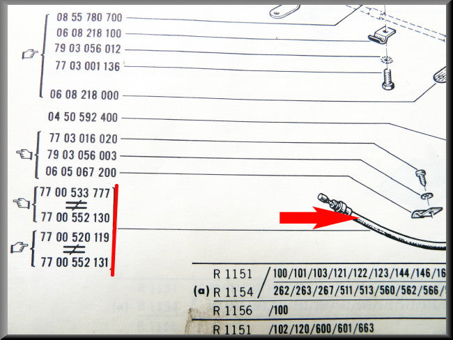 Parking brake cable for handbrake to the right of the steering wheel. All types Renault 16 except R1150 - OEM 7700533777