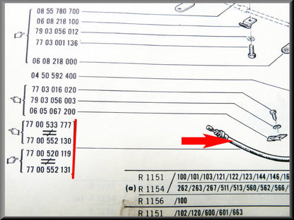 Parking brake cable for handbrake to the right of the steering wheel. All types Renault 16 except R1150 - OEM 7700533777