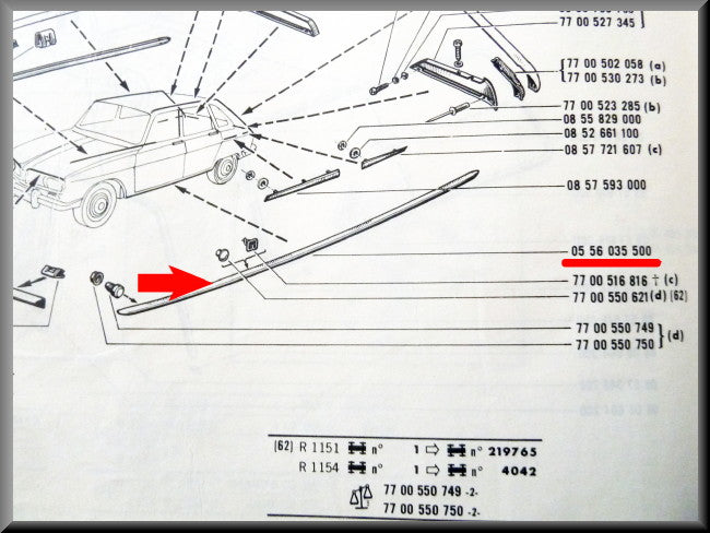 Bande chromée bas de caisse gauche – Renault 16 – OEM 0556035500 – Occasion