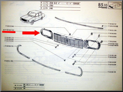 Grill rechterdeel zonder chroomrand – Renault 12 – OEM 7700536719