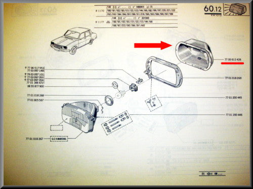 Plastic headlight housing right – Renault 12 – OEM 7700612426
